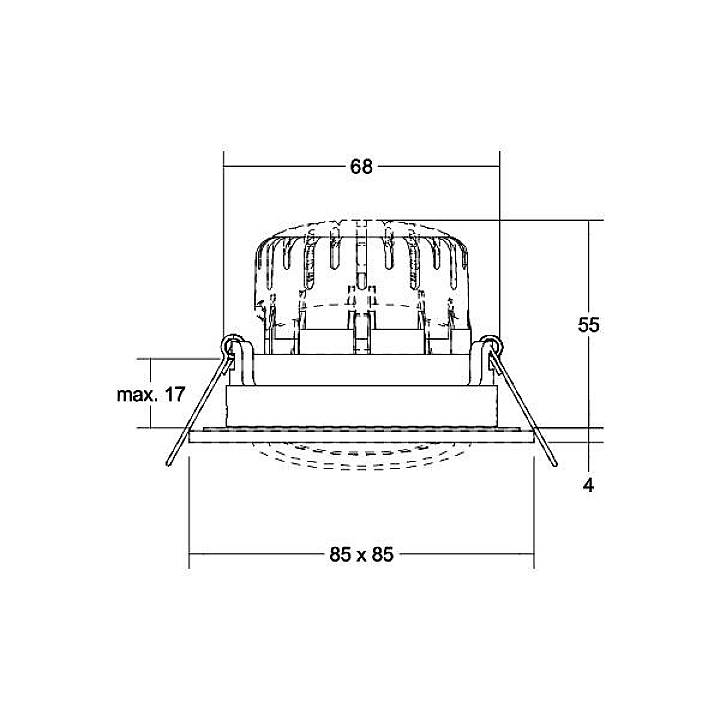 Technische Zeichnung eines runden Einbaustrahlers mit Maßen: 68 mm Durchmesser, 55 mm Höhe, quadratische Basis 85 x 85 mm.