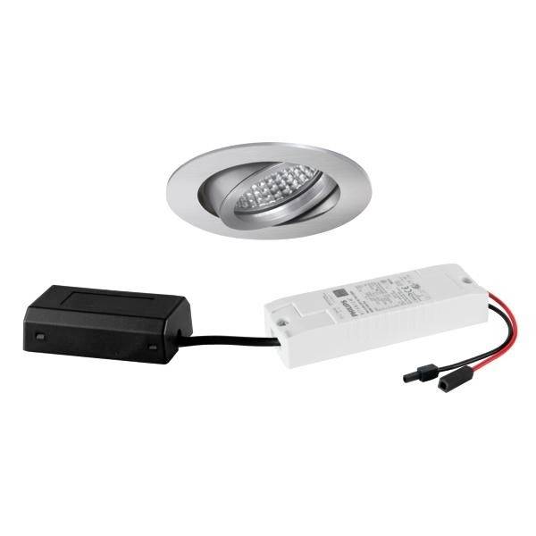 Deckenleuchte mit rundem, silbernem Rahmen und LED-Elementen, verbunden mit schwarzen und weißen Stromanschlüssen.