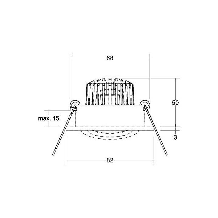 Technische Zeichnung eines runden Deckeneinbaustrahlers mit den Maßen: Durchmesser 68 mm, Einbautiefe 50 mm, Gesamtdurchmesser 82 mm.
