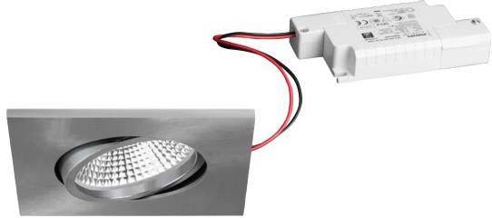 Ein runder LED-Einbaustrahler mit Kabel und Steckverbinder ist in einem Metallrahmen montiert.