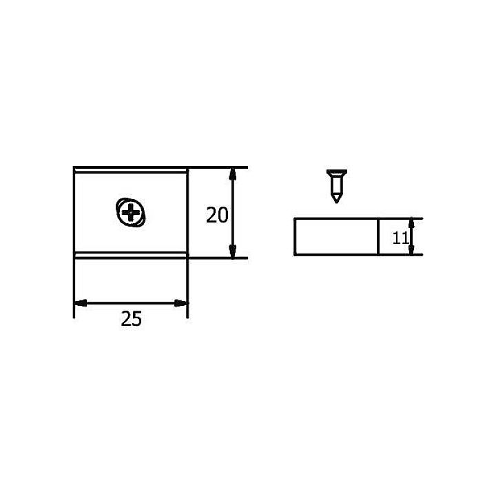 Technische Zeichnung eines Winkels mit den Maßen: Breite 25 mm, Höhe 20 mm, Tiefe 11 mm. Links befindet sich eine Schraube.