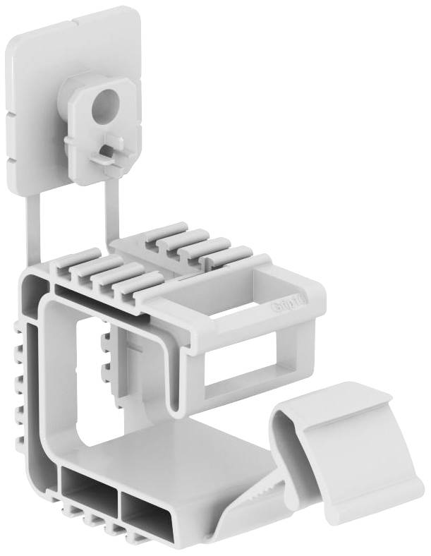Kabelhalter in Weiß für die Wandmontage, mit mehreren Aufnahmemöglichkeiten für Kabel und einem flexiblen Befestigungsmechanismus.