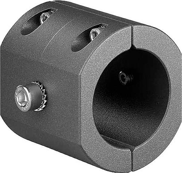 Eine zylindrische Metallkupplung mit zwei Schrauben zur Befestigung. Sie dient zur Verbindung von Wellen oder Rohren.