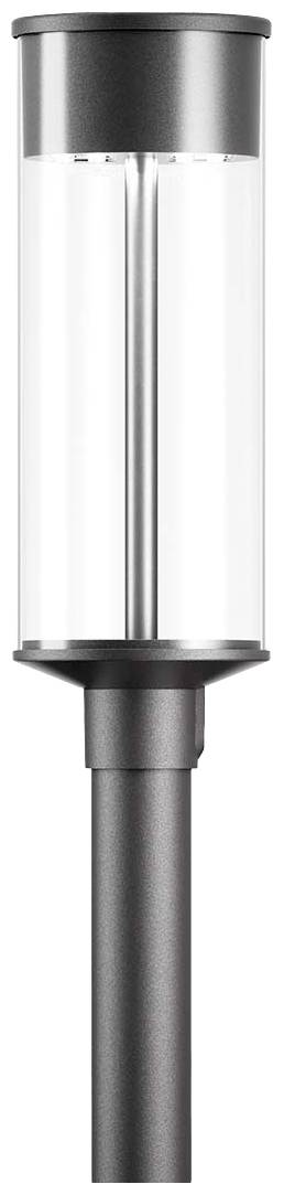 Eine moderne, zylindrische Außenleuchte aus Metall und Glas mit klarem Gehäuse, auf einer stabilen Metallstange montiert.