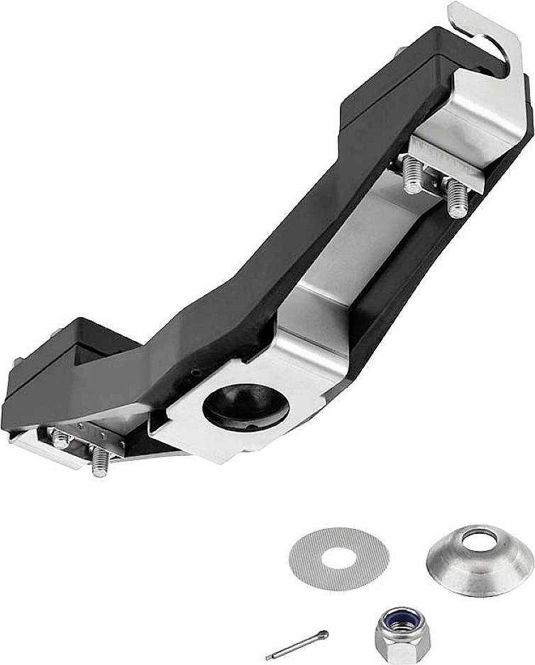 Metallischer Winkelarm mit Schrauben und Muttern, vermutlich zur Befestigung oder Montage; Teile aus Edelstahl und Kunststoff.