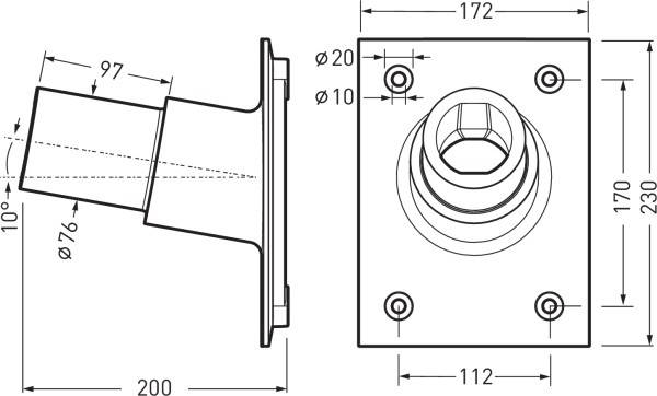 Technische Zeichnung eines Rohres mit Flansch, zeigt Maße: 230x170mm Platte, 76mm Rohrdurchmesser, diverse Bohrlochabstände.