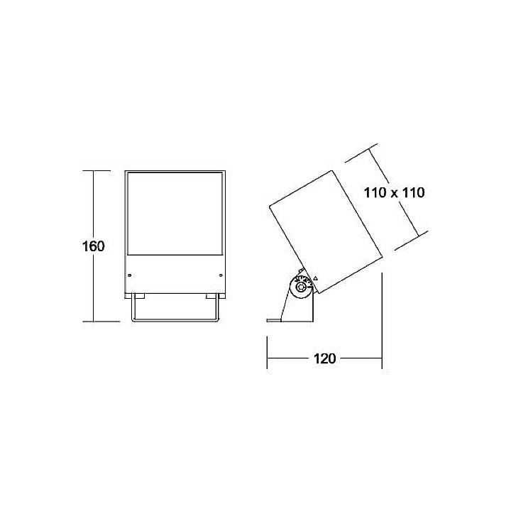 Technische Zeichnung eines rechteckigen LED-Strahlers mit Maßen: Höhe 160 mm, Breite 120 mm, Kopf 110 x 110 mm.