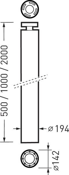 Technische Zeichnung eines zylindrischen Elements mit Abmessungen: Höhe von 500 bis 2000 mm, Durchmesser 194 mm.