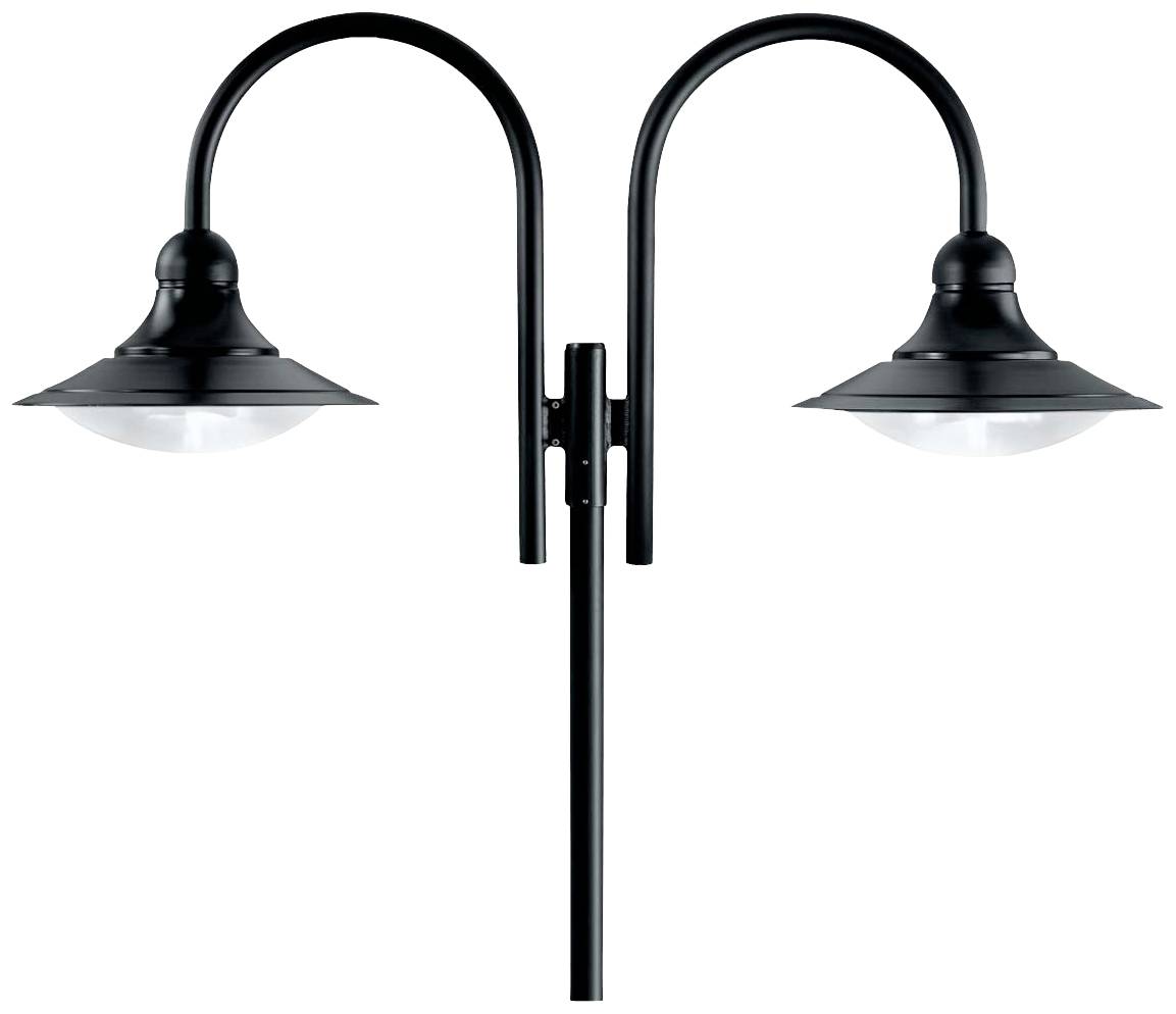Eine schwarze, zweifache Straßenlaterne mit modernen Lampenschirmen.