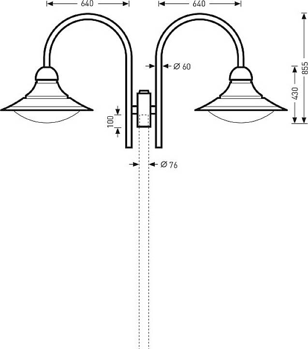 Technische Zeichnung einer doppelseitigen Wandlampe, zeigt Maße: Gesamthöhe 855 mm, Breite 1280 mm, Lampendurchmesser 60 mm.