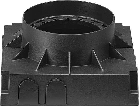 Schwarzes Kunststoffbauteil, zylindrisch mit quadratischer Basis und verstärktem Rand, vermutlich für technische oder industrielle Anwendungen.