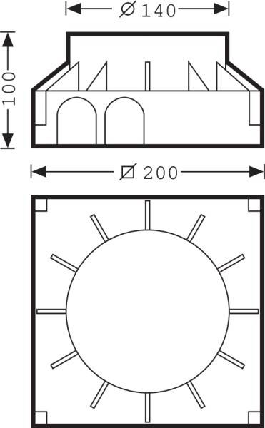 Bauplan eines Gebäudes mit Maßen: 140 mm Durchmesser, 100 mm Höhe. Zwei Türen an der Vorderseite, Dach zeigt radiale Streben.