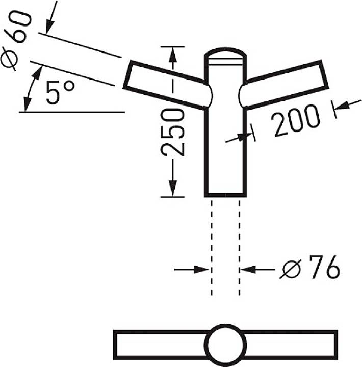 Diagramm eines T-Stücks: Zwei Rohre mit einem 5-Grad-Winkel verbunden. Maße: 250 mm Höhe, 200 mm Breite, Rohrdurchmesser 60 mm und 76 mm.