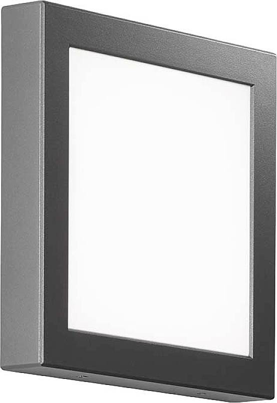 Eine quadratische, wandmontierte Außenleuchte mit dunkelgrauem Rahmen und weißem Lichtpaneel.