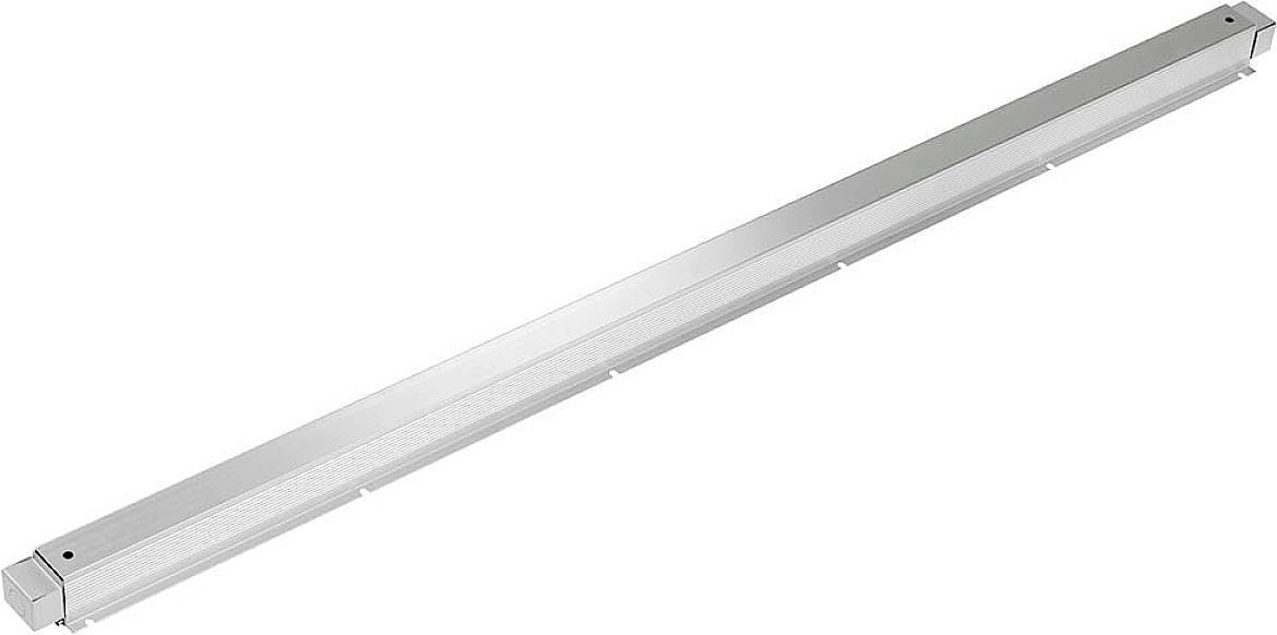 Metallische Stange oder Leiste in Silberoptik, möglicherweise Teil eines Regals oder einer Halterung.