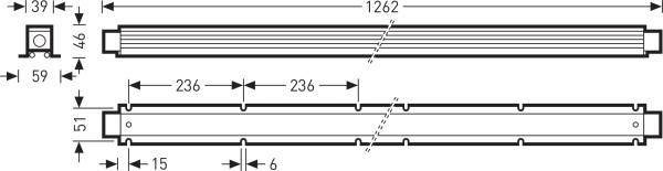 Technische Zeichnung einer länglichen Komponente mit den Maßen: Länge 1262 mm, Breite 59 mm, Höhe 46 mm. Maße und Abstände sind markiert.