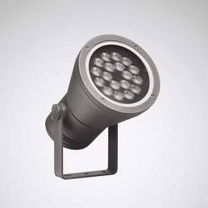 Graues, zylindrisches LED-Flutlicht mit mehreren kleinen Linsen auf weißem Hintergrund. Es befindet sich auf einem verstellbaren Metallhalter.