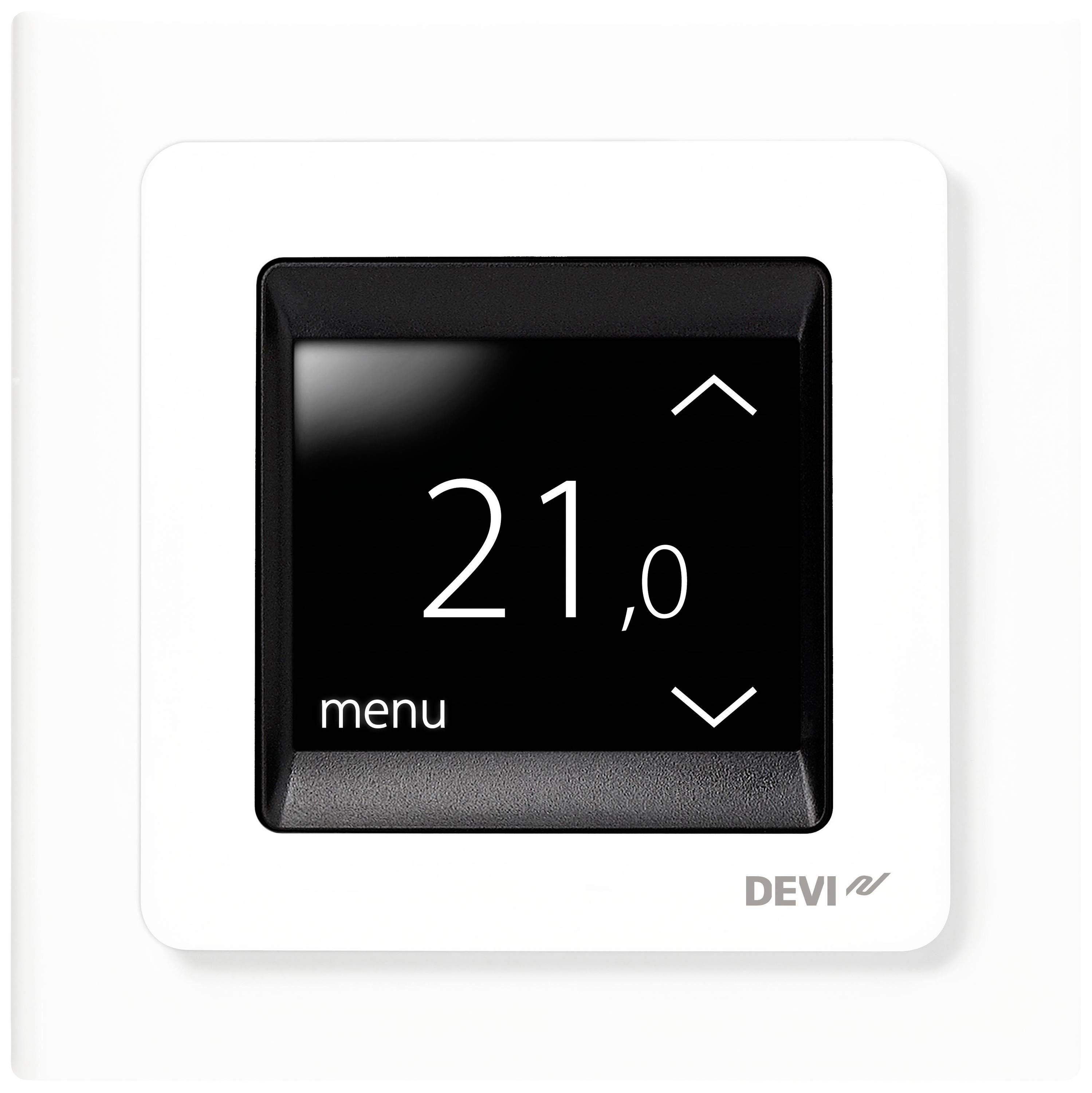 Ein digitales Thermostat zeigt '21,0' Grad Celsius an. Es hat eine schwarze Anzeige mit Pfeiltasten darüber und darunter.