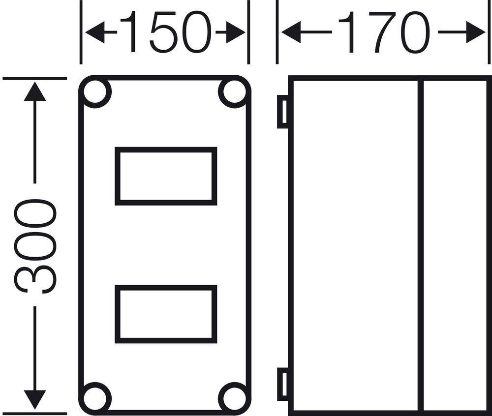 Zeichnung zeigt die vordere und seitliche Ansicht eines rechteckigen Kastens, 150 mm x 300 mm x 170 mm.