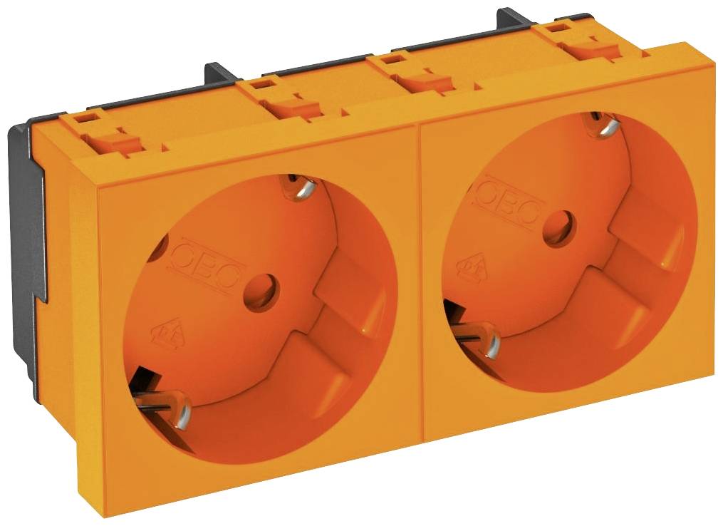 Doppelte Steckdose in leuchtendem Orange mit schwarzem Rahmen, geeignet für den Einbau in elektrische Systeme.