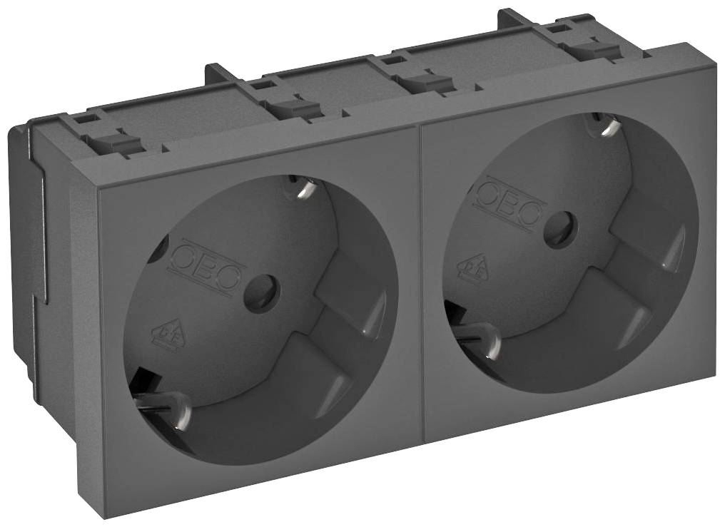 Zwei nebeneinanderliegende schwarze Steckdosen, im Wandmodul integriert, geeignet für europäische Stecker.