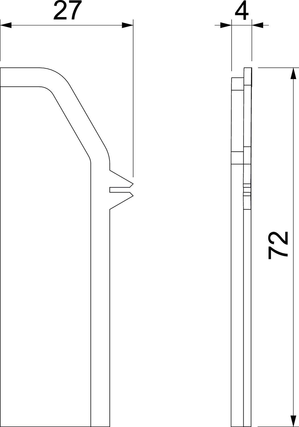 Technische Zeichnung eines Profils mit Maßen: 27 mm Breite, 4 mm Dicke, 72 mm Höhe. Profildetails im Querschnitt dargestellt.