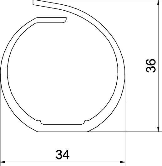 'Kreisform mit geöffnetem Ende' in einer technischen Zeichnung. Maße: 34 mm Breite, 36 mm Höhe.