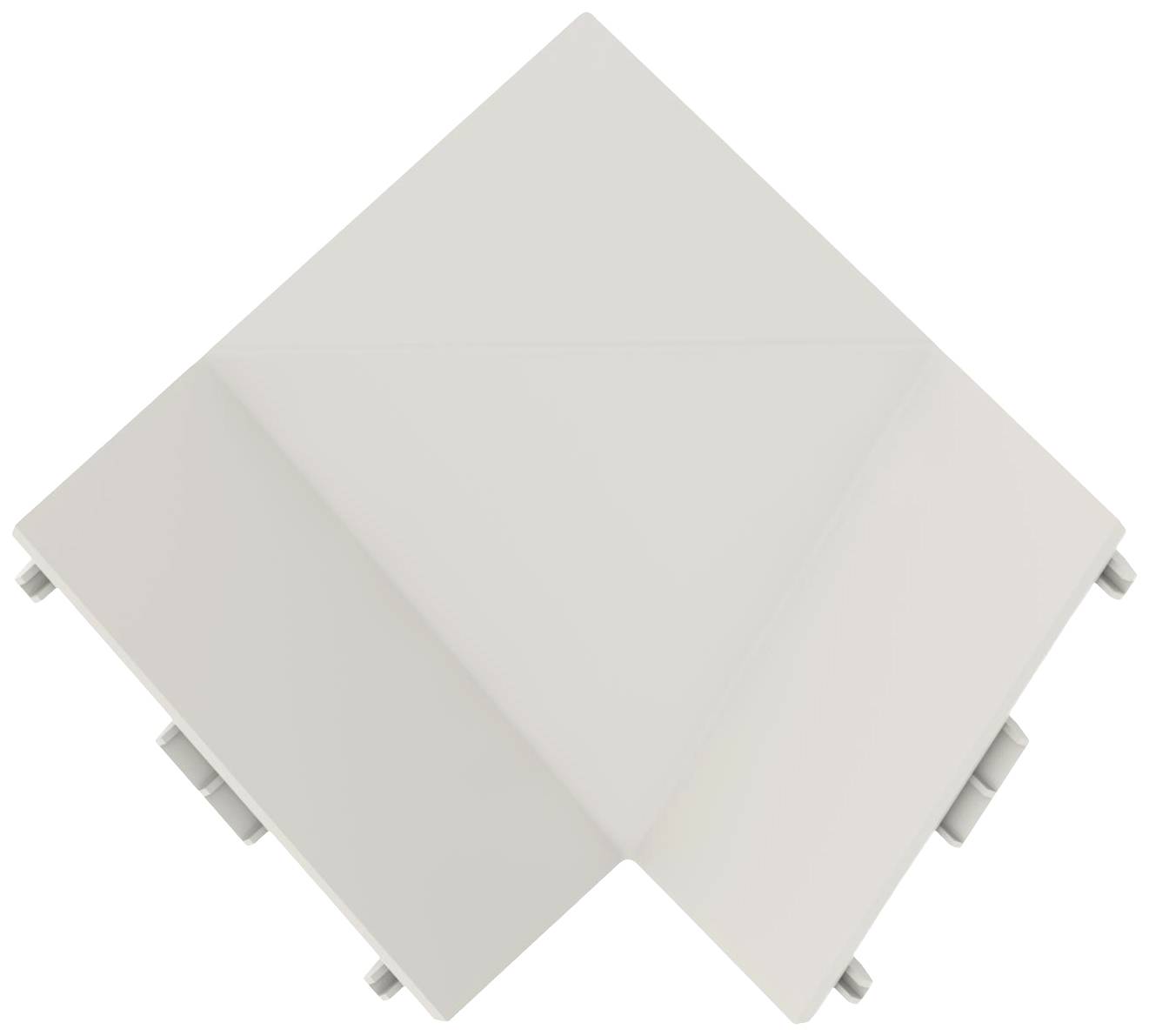 Ein grauer, dreieckiger Gehäusedeckel mit abgerundeten Kanten und mehreren Halterungen an den Seiten.