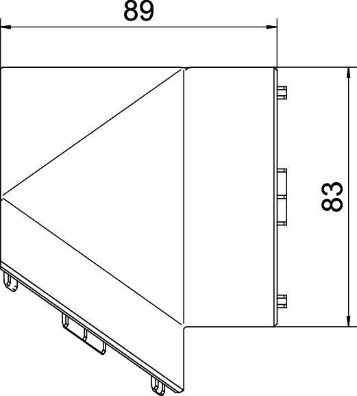 Technische Zeichnung: Ein Bauteil mit den Maßen 89 x 83. Geometrische Form mit rechteckigen und dreieckigen Elementen.
