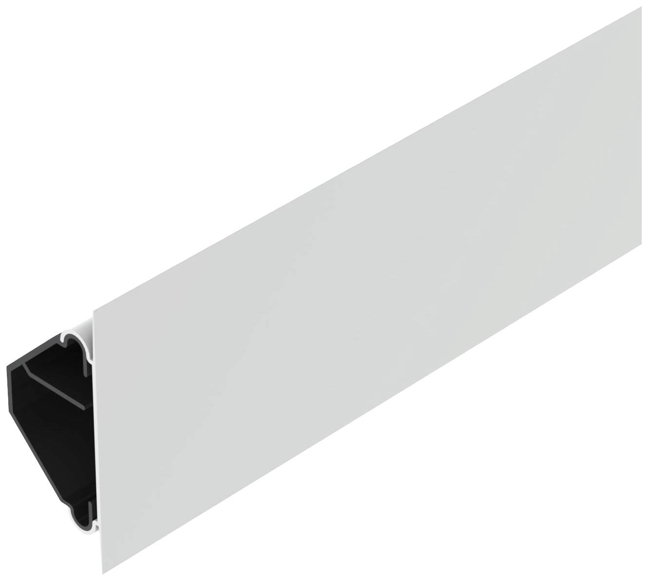 Weiße Paneelplatte mit schwarzem Befestigungsclip auf der linken Seite. Paneel zur horizontalen Montage an Wänden.