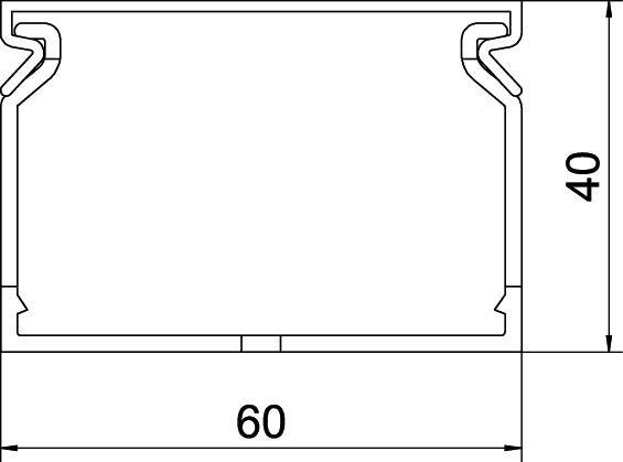 Querschnitt eines rechteckigen Profils, 60 mm Breite und 40 mm Höhe, mit Einfassungen an den oberen Kanten.