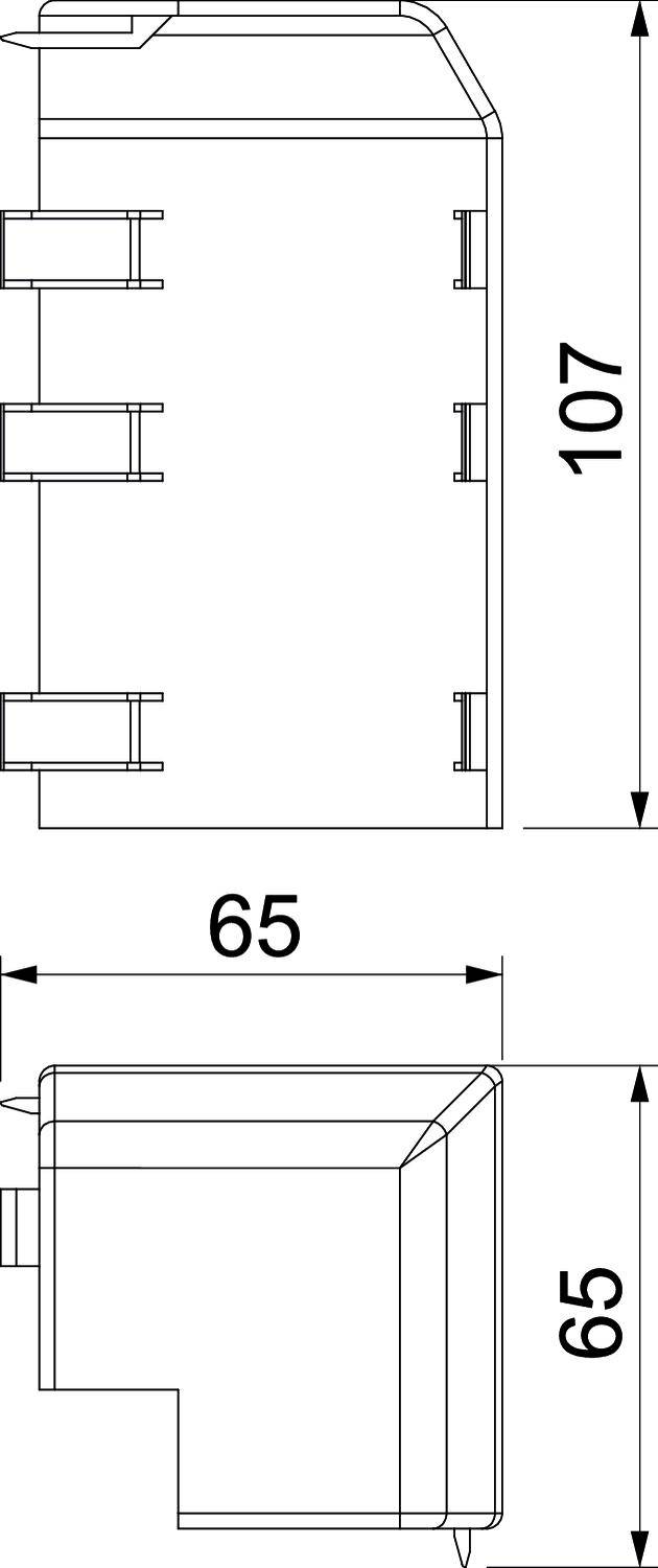 Technische Zeichnung eines rechteckigen Objekts mit den Maßen 107 x 65 x 65 mm, seitliche Ansicht mit Details und Verbindungen.