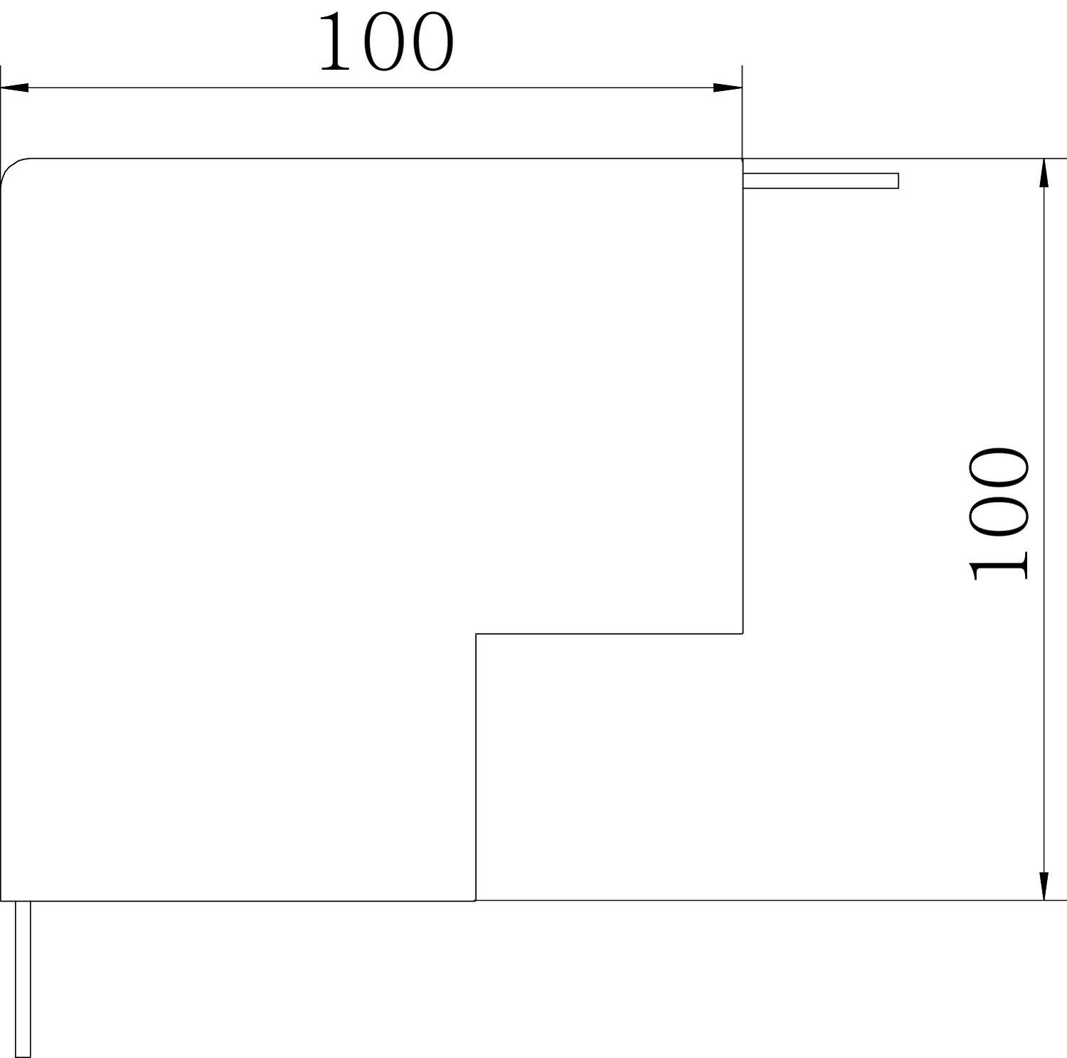 Technische Zeichnung eines Eckstücks mit quadratischem Querschnitt. Seitenlängen: 100 mm x 100 mm.