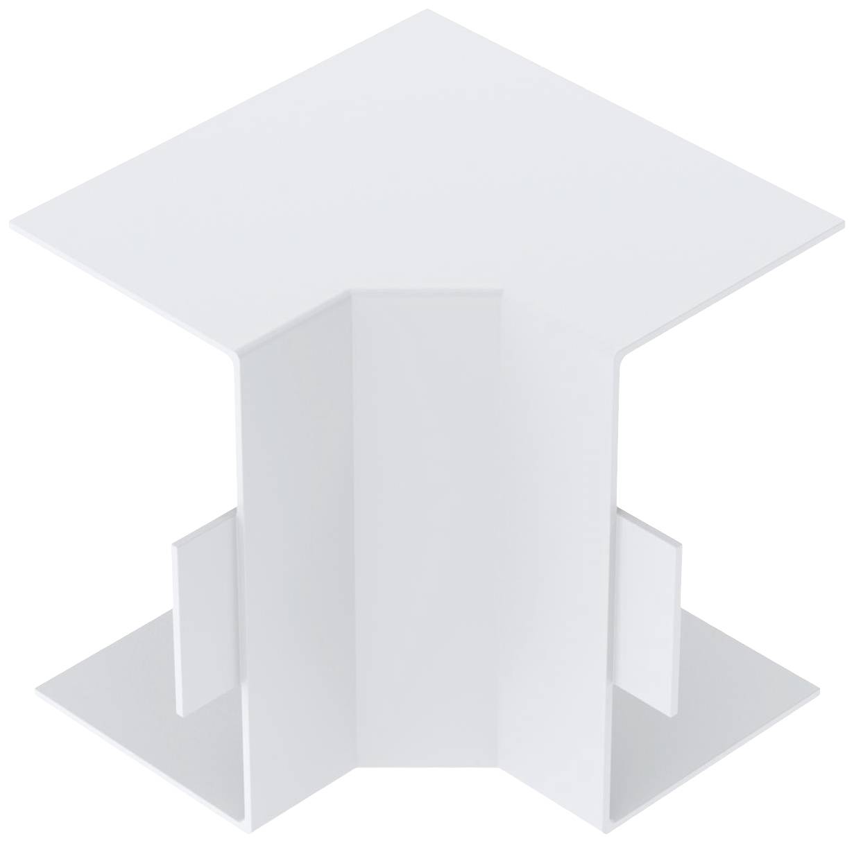 Ein weißes, metallisches Verbindungselement in T-Form, wahrscheinlich für den Einsatz in Bau- oder Möbelkonstruktionen.