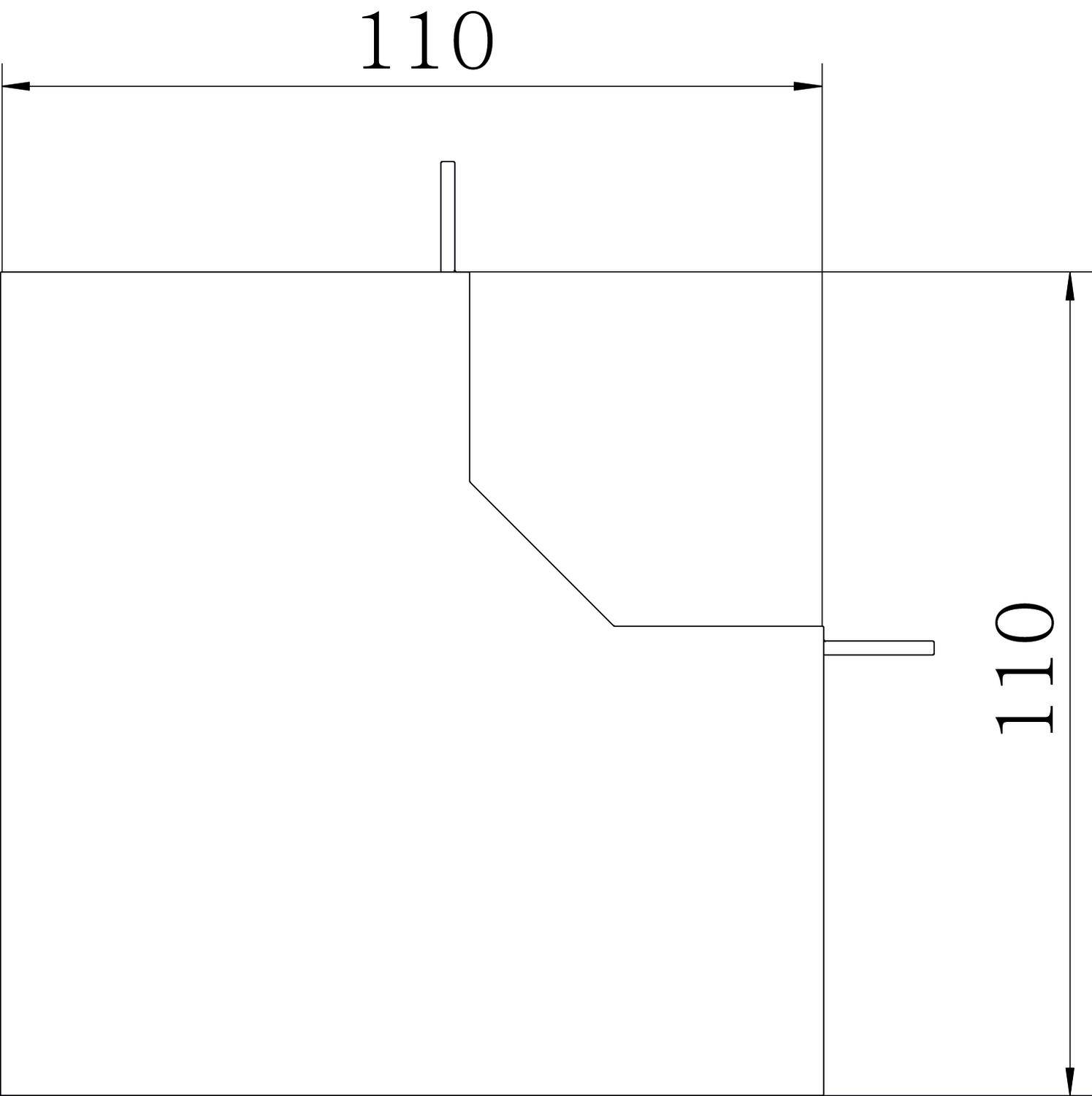 Technische Zeichnung eines quadratischen Objekts mit zwei hervorstehenden Stiften. Die Kante oben rechts ist abgeschrägt. Maße: 110 x 110.