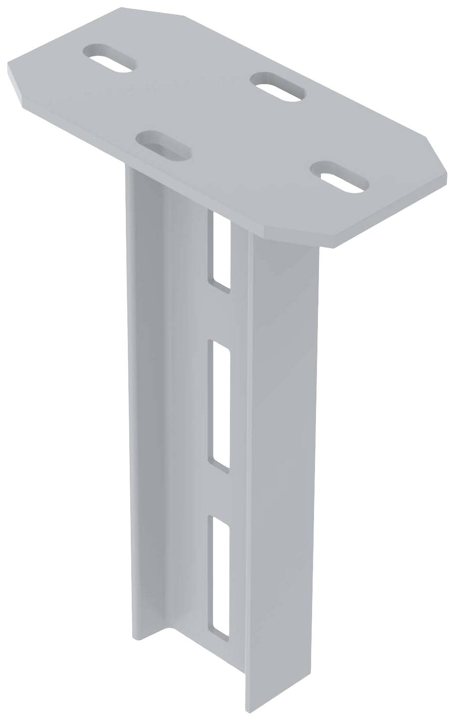Ein grauer Halterungswinkel mit vier ovalen Löchern oben und zwei rechteckigen Aussparungen entlang des Schaftes. Geeignet für Regal- oder Möbelmontage.
