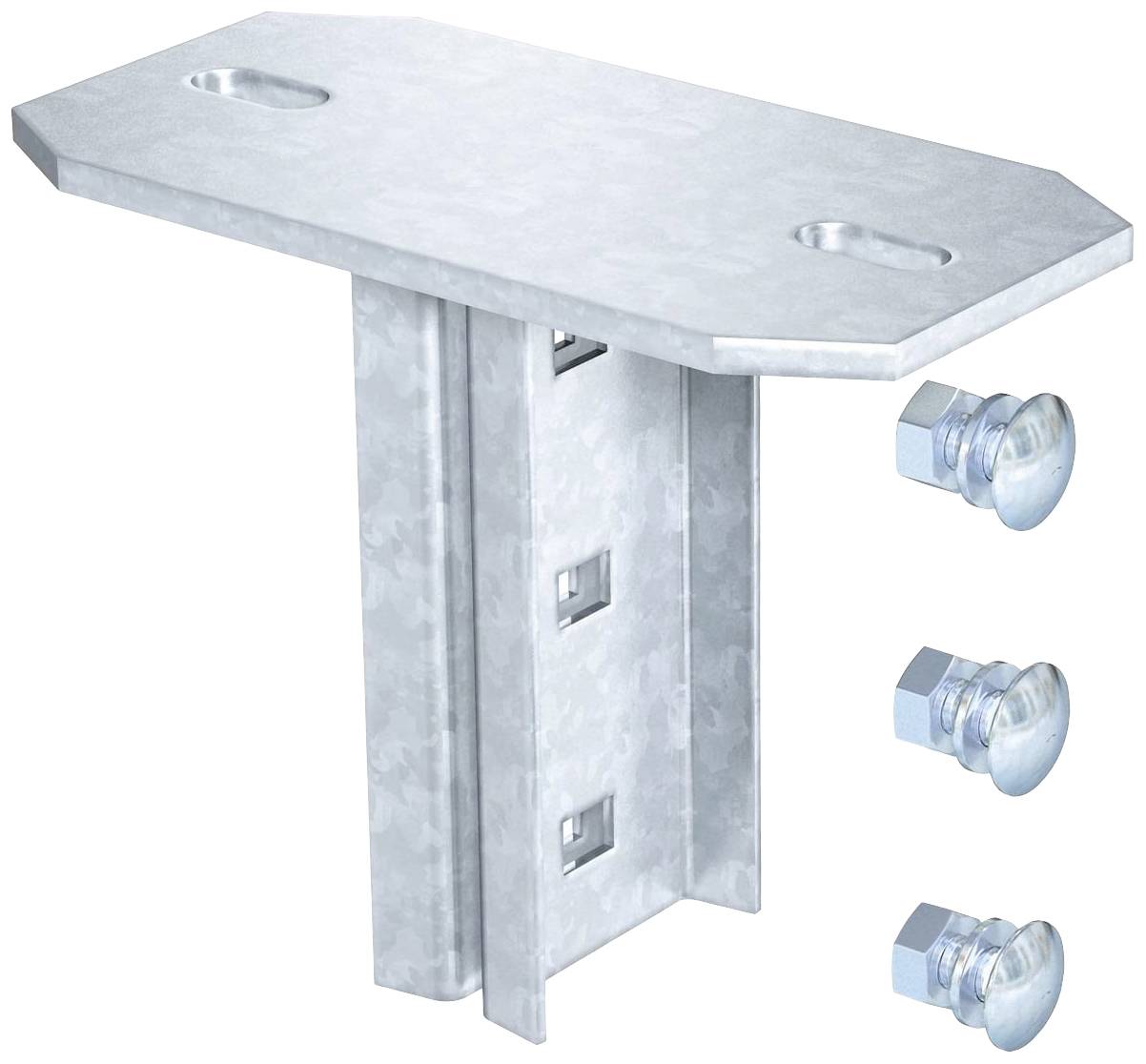 Metallwinkelhalterung mit drei Schrauben, die daneben liegen. Die Halterung hat zwei Löcher und ist robust, geeignet für schwere Konstruktionen.