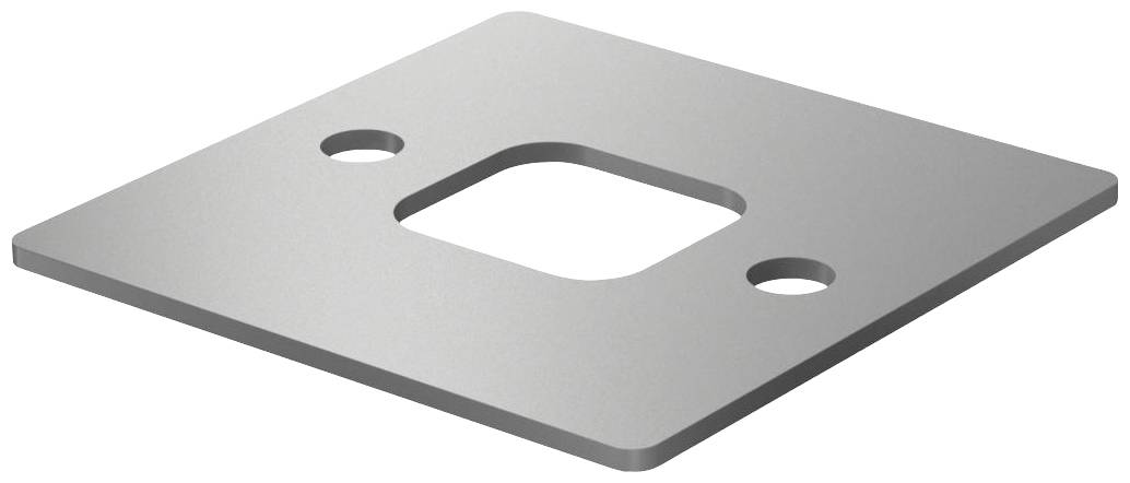 Metallplatte mit quadratischer Aussparung in der Mitte und zwei runden Löchern seitlich.
