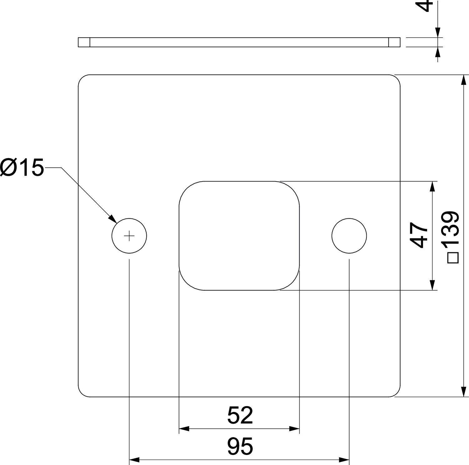 Technische Zeichnung eines quadratischen Bauteils mit Maßen: 139 x 139 mm. Zwei Bohrungen, links: Durchmesser 15 mm, Abstand: 47 mm.