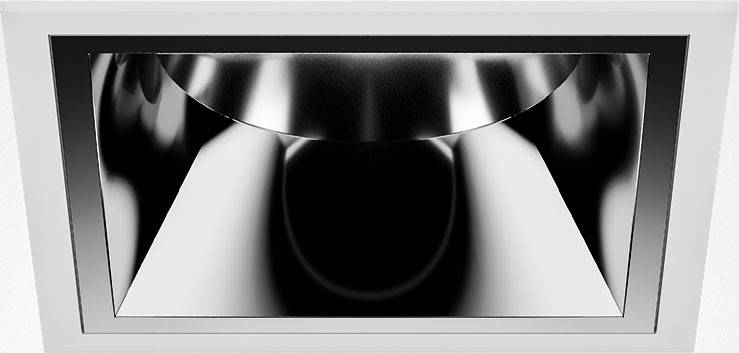 Ein glänzender, reflektierender Metalltrichter, der in einem weißen Rahmen eingebettet ist. Der Trichter ist zentral positioniert.