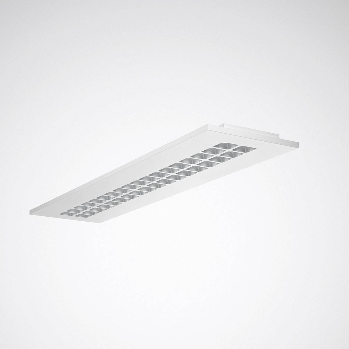 Ein rechteckiges LED-Deckenpanel mit gitterartiger Struktur. Es ist modern und für gleichmäßige Beleuchtung geeignet.