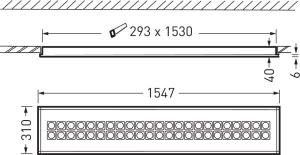 Technische Zeichnung eines rechteckigen Lüftungselements mit den Maßen: 293 x 1530 mm, 40 mm hoch. Lochraster: 310 x 1547 mm.