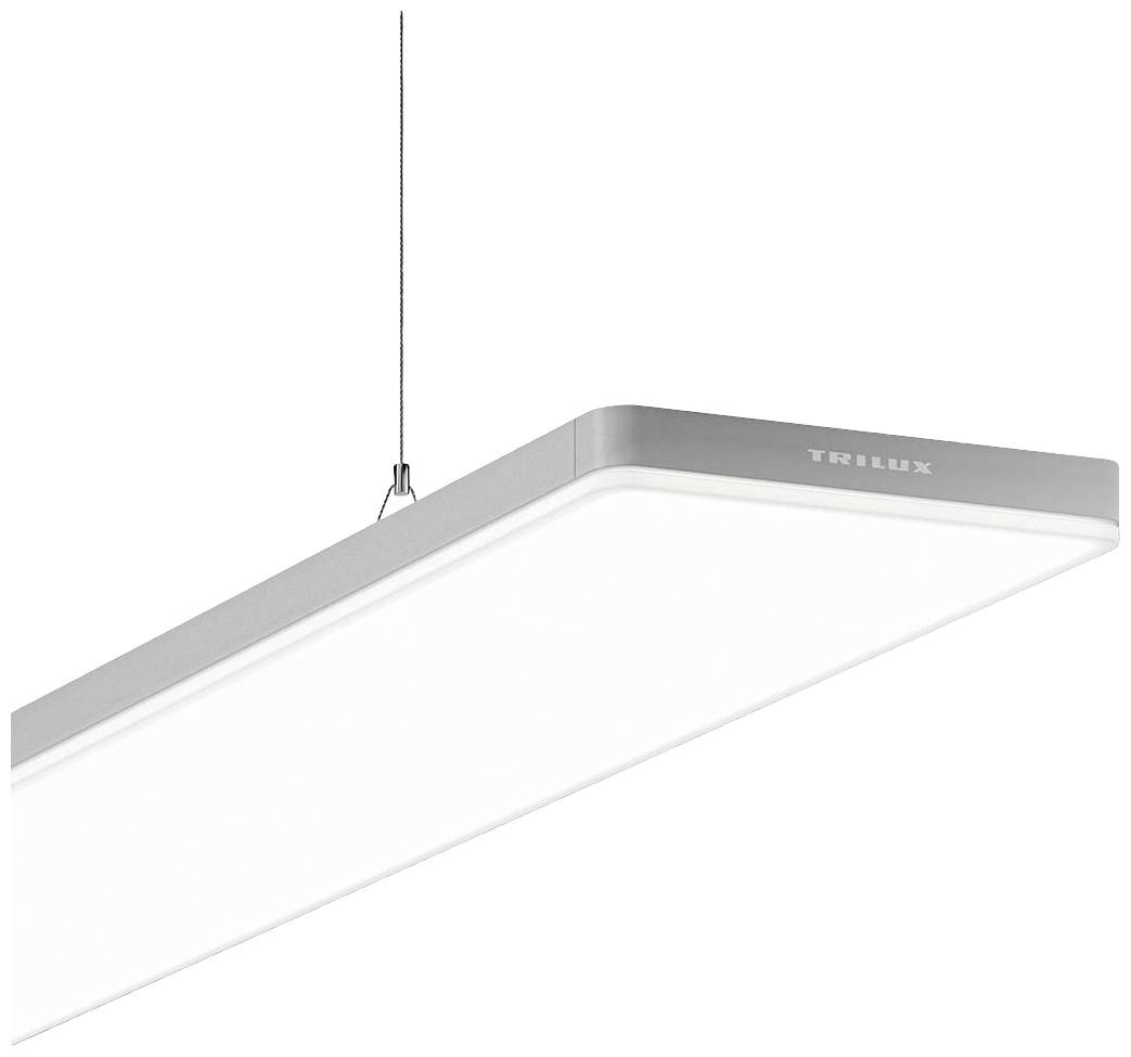 Ein rechteckiges Hängelicht mit silbernem Rahmen und weißem Leuchtbereich. Oben am Licht ist ein Kabel zur Befestigung an der Decke.