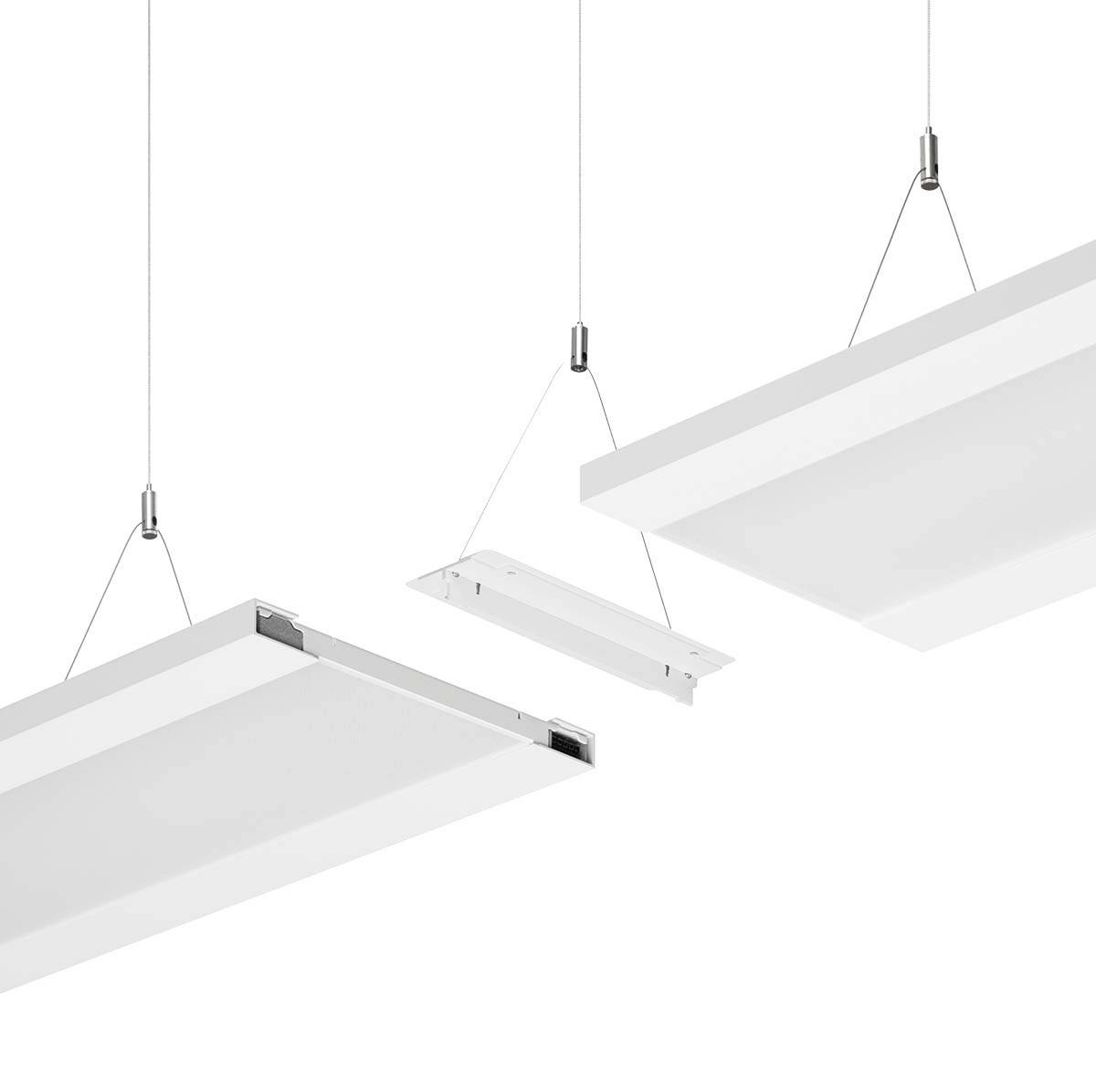 Eine schwebende LED-Deckenleuchte mit minimalistischem Design, die an dünnen Drähten hängt und eine moderne ästhetische Wirkung erzielt.