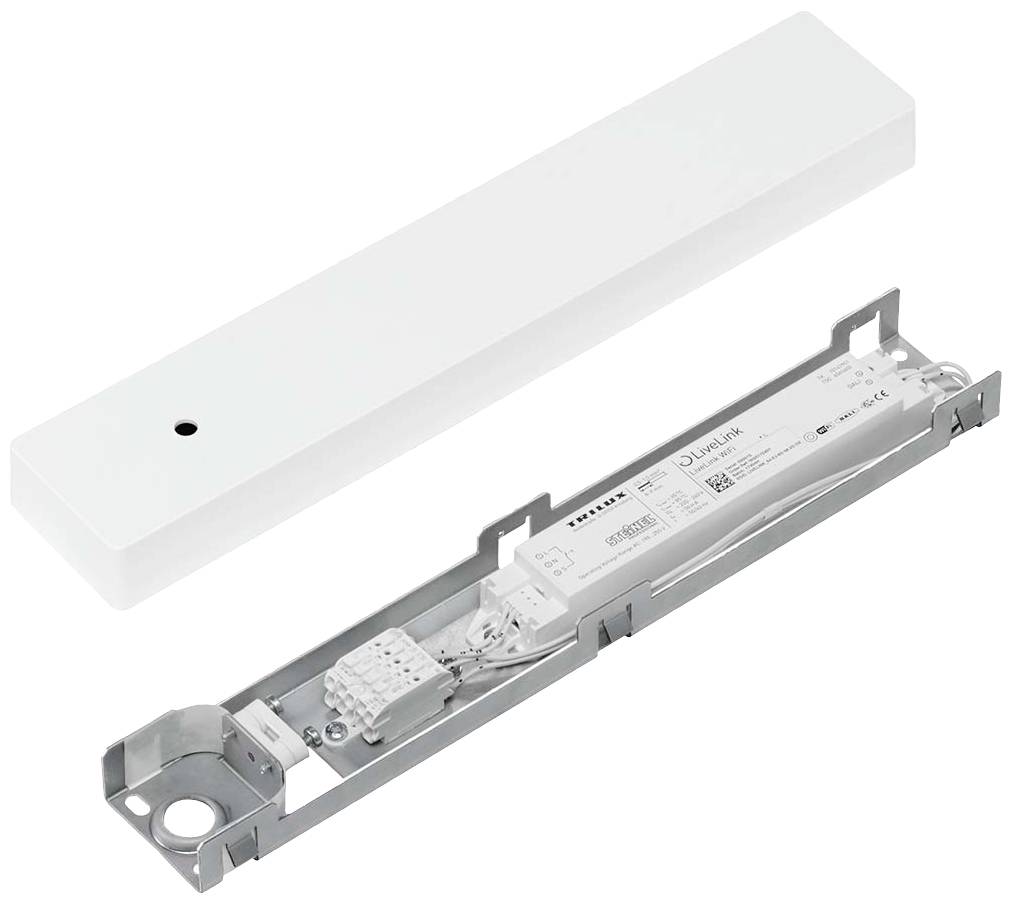 Ein weißes, rechteckiges LED-Treibergehäuse mit abgenommenem Deckel, zeigt die Elektronik und Anschlüsse im Inneren.