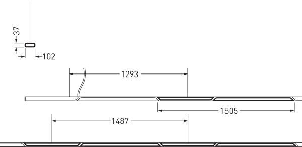 Technische Zeichnung einer Metallplatte mit den Maßen: Dicke 37 mm, Breiten 1293 mm, 1487 mm und 1505 mm.