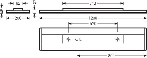 Technische Zeichnung eines rechteckigen Bauteils mit Abmessungen: Breite 1200 mm, Tiefe 200 mm, Höhe 45 mm, und Befestigungspositionen.
