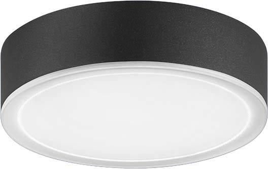 Schwarze zylindrische Deckenleuchte mit weißem Diffusor.