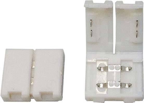 Zwei weiße Kunststoff-Steckverbinder, einer geöffnet, einer geschlossen. Sie haben Metallkontakte zum Verbinden von Kabeln.