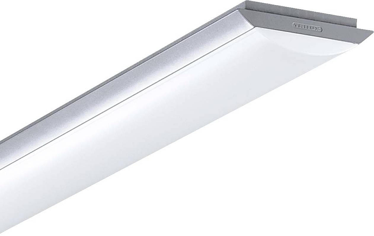 Silberne, rechteckige Deckenleuchte mit markantem Glasdiffusor und einem 